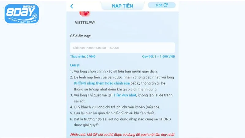 Cung cấp thông tin chính xác khi nạp tiền tại 8Day